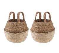 Qnhdfrt 2-Pack 8.6-inch White Woven Seagrass Planter Baskets | Features built-in handles and a cylindrical shape measuring 8.6 x 7.8 inches, ideal for living room and balcony plants.