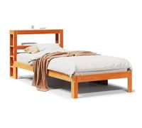 Qnhdfrt 75x190cm Solid Pine Bed Frame with Storage Headboard, Brown | Features a wooden slatted base for mattress support and built-in shelving to organize books and bedside essentials.