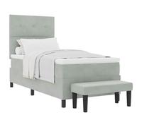 Qnhdfrt 80x200 cm Box Spring Bed with Velvet Headboard & Bench, Light Gray | Includes a medium-firm foam mattress and topper, designed as a complete single sleeper set for bedrooms.