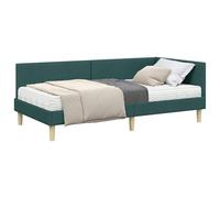 Qnhdfrt 80x200cm Corner Single Bed Frame with Mattress Green Fabric | Features an adjustable wall-mounted headboard and supportive wood slats, ideal for compact bedrooms.