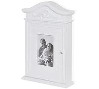 Qnhdfrt Armoire à clés avec cadre photo, armoire à clés murale, 6 crochets à clés, montage mural, système de rangement en MDF et bois de pin, blanc, 22,5 x 6,5 x 34,5 cm