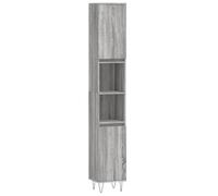 Qnhdfrt Armoire de salle de bain, gris, sonoma 30 x 30 x 190 cm, en bois avec 4 compartiments de porte et 2 étagères ouvertes, montage de porte flexible, pieds en fer pour salle de bain moderne et WC