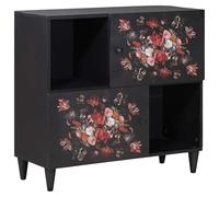 Qnhdfrt Armoire multimédia en bois de manguier massif, buffet avec motif floral, commode avec 2 portes et boutons en laiton, buffet coloré pour salon, 80 x 33,5 x 75 cm