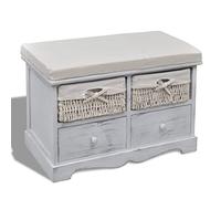 Qnhdfrt Banc avec espace de rangement, blanc, 62 x 33 x 42 cm, banc de couloir en bois de paulownia avec 2 paniers tressés et 2 tiroirs, banc de rangement de style maison de campagne avec coussin