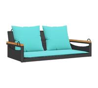 Qnhdfrt Banc suspendu avec coussin noir - 109 x 62 x 40 cm - Banc de jardin en rotin synthétique - Banc balançoire d'extérieur pour véranda et jardin - Meubles de jardin - Banc avec cadre en acier et