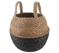 Qnhdfrt Black Woven Seagrass Plant Basket with Handles | Cylindrical 8.6 x 7.8 inch natural fiber planter ideal for indoor house plants, flowers, and living room decor.