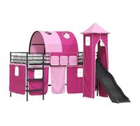 Qnhdfrt Cadre de Lit Mezzanine Métal Noir et Rose 100 x 200 cm | Meuble combiné pour chambre ou salle de jeux avec toboggan interactif, rideaux textiles et structure stable.