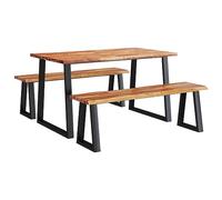 Qnhdfrt Ensemble de 3 pièces avec bord d'arbre en bois d'acacia massif, table à manger 140 x 80 cm et 2 bancs, table de cuisine avec pieds en acier en forme de U au design industriel pour salle à