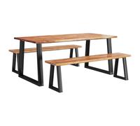 Qnhdfrt Ensemble de 3 pièces avec bord d'arbre en bois d'acacia massif, table à manger 180 x 90 cm et 2 bancs de 160 cm, design industriel, avec pieds en acier en U, pour salle à manger et cuisine