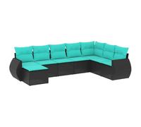 Qnhdfrt Ensemble de canapé de jardin, 8 pièces, en polyrotin, noir, capacité de charge de 110 kg, modulaire, module d'angle, 62 x 62 cm, coussins bleus lavables, pour balcon, terrasse et cour