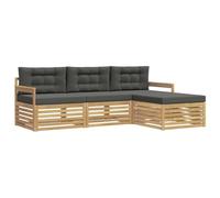 Qnhdfrt Ensemble de Canapés d'Extérieur 4 Places en Bois d'Acacia Massif Blanc et Anthracite, Salon de Jardin Modulaire avec Pouf et Coussins pour Terrasse