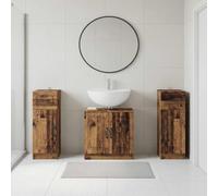 Qnhdfrt Ensemble Meuble Salle de Bain 3 Pièces UTRECHT Bois Ancien | Set 3 éléments comprenant 1 meuble sous vasque et 2 meubles colonne bas pour rangement compact dans la salle de bain.