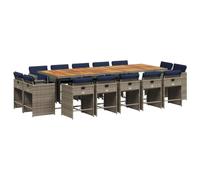 Qnhdfrt Ensemble Repas de Jardin 15 Pcs Table Acacia et Chaises Gris | Salon d'extérieur encastrable compact pour terrasse. Coussins bleu marine déhoussables avec dossier rabattable.