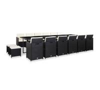 Qnhdfrt Ensemble Repas de Jardin 17 Pcs Résine Tressée Noir - Salon Encastrable avec 1 Table en Verre, 12 Chaises, 4 Tabourets et 28 Coussins Blanc Crème pour Extérieur