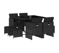 Qnhdfrt Ensemble Repas de Jardin 9 Pièces Salon de Jardin Encastrable en Résine Tressée avec Table en Verre Trempé 4 Chaises Dossier Rabattable 4 Tabourets et Coussins Noir