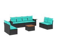 Qnhdfrt Ensemble Salon de Jardin 9 Pcs Résine Tressée Noir Coussin Bleu | Mobilier modulaire pour terrasse et patio avec table en bois d'acacia, tablettes latérales pliables et coussins bleu.