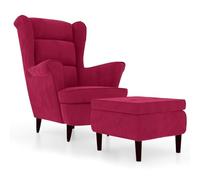 Qnhdfrt Fauteuil à oreilles, avec tabouret, en velours bordeaux, 78 x 90 x 96,5 cm, capacité de charge de 110 kg, design relaxant moderne avec pieds en bois, fauteuil de lecture confortable pour salon