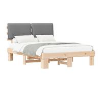 Qnhdfrt Full Solid Pine Wood Bed Frame with Gray Upholstered Headboard | Includes an integrated wood slat support system for two adults, measuring 135x190 cm with no box spring required.