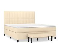 Qnhdfrt Lit à sommier tapissier 160 x 200 cm avec matelas, surmatelas et banc, lit double avec tête de lit réglable en hauteur, matelas à ressorts ensachés, couleur crème, housse en tissu