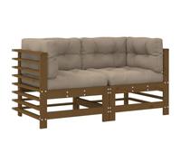 Qnhdfrt Lot de 2 canapés d'angle en pin massif marron miel, 63,5 x 63,5 cm, design à lattes, avec coussins taupe, pour jardin, terrasse, balcon et salon
