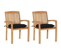 Qnhdfrt Lot de 2 chaises de jardin avec coussins noirs en teck massif - 60 x 57,5 x 90 cm - Empilables - Design vintage - Pour terrasse, balcon et salon d'extérieur