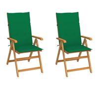 Qnhdfrt Lot de 2 chaises de jardin pliables avec coussins verts en teck massif - 57 x 71,5 x 100 cm - Chaises de terrasse réglables sur 7 positions - Légères et peu encombrantes - Pour jardin, balcon