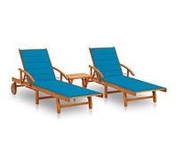 Qnhdfrt Lot de 2 chaises longues avec table et coussins, chaise longue de jardin réglable en bois d'acacia massif, pliable, avec roues pour jardin, terrasse et piscine, bleu
