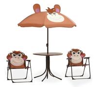 Qnhdfrt Lot de 3 meubles de jardin pour enfants, salon de jardin avec table, 2 chaises pliantes et parasol, meubles d'extérieur en acier marron, pour terrasse et jardin
