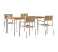 Qnhdfrt Lot de 5 tables d'extérieur en teck massif marron - 200 x 90 x 75 cm - Design moderne - Entretoise en acier inoxydable robuste - Espace pour 8 personnes - Table de jardin avec chaises pour