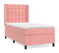 Qnhdfrt Pink Velvet Box Spring Bed 90x190 cm with Mattress | Features a pocket spring mattress, topper, and height-adjustable headboard designed for single bedrooms.