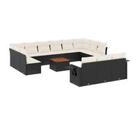 Qnhdfrt Salon de Jardin 14 Pièces, Canapé d'Extérieur Modulaire en Résine Tressée Noir, Table en Bois d'Acacia et Coussins Crème, Grand Meuble de Terrasse Patio
