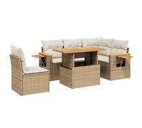 Qnhdfrt Salon de Jardin 6 Pcs en Résine Tressée et Acacia Beige | Ensemble modulable pour terrasse et jardin avec table basse relevable en repas et tablette latérale pliante pratique.