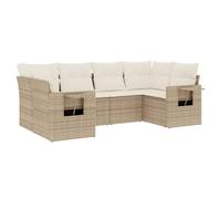Qnhdfrt Salon de Jardin 6 Pcs Résine Tressée Poly Rotin Beige | Mobilier modulable extérieur pour terrasse et patio avec tablettes latérales rabattables et assises moelleuses.