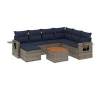 Qnhdfrt Salon de Jardin 8 Pièces Résine Tressée Canapé Modulaire Gris | Ensemble d'extérieur modulable avec table en bois d'acacia et tablettes pliantes. Idéal pour terrasse, patio et balcon.