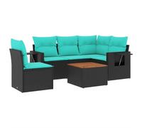 Qnhdfrt Salon de Jardin Bas 6 Pièces en Rotin PE Noir avec Coussins Bleus | Ensemble modulaire d'extérieur pour terrasse ou patio comprenant une tablette rabattable et un plateau en bois d'acacia.