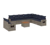 Qnhdfrt Salon de Jardin Bas Modulable 11 Pcs Canapé Résine Tressée Gris | Ensemble modulaire pour terrasse et patio avec table en bois d acacia et tablettes rabattables pratiques.