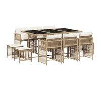 Qnhdfrt Salon de Jardin Encastrable 10 Places - Ensemble Repas Extérieur en Résine Tressée Beige avec Table en Verre Trempé, 6 Chaises, 4 Tabourets et Coussins Amovibles
