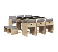 Qnhdfrt Salon de Jardin Encastrable 11 Pcs, Ensemble Repas Extérieur en Résine Tressée Beige Mixte, Table 165cm en Verre Trempé, 6 Chaises et 4 Tabourets avec Coussins pour Terrasse