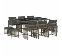 Qnhdfrt Salon de Jardin Encastrable 11 Pièces, Ensemble Table en Verre Trempé, 6 Chaises et 4 Tabourets en Résine Tressée avec Coussins Gris, Mobilier de Repas pour Terrasse et Balcon