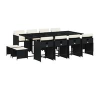 Qnhdfrt Salon de Jardin Encastrable 13 Pcs, Ensemble Repas en Résine Tressée, Table en Verre Trempé, 8 Chaises et 4 Tabourets avec Coussins, Meuble Extérieur pour Terrasse, Noir