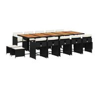 Qnhdfrt Salon de Jardin Encastrable 15 Pièces - Ensemble Repas Extérieur en Résine Tressée Noire avec Table en Bois d'Acacia, 10 Chaises et 4 Tabourets, Coussins Blanc Crème Inclus