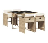 Qnhdfrt Salon de Jardin Encastrable 5 Pièces, Ensemble Repas Extérieur en Résine Tressée Beige avec Table en Verre Trempé et 4 Chaises avec Coussins pour Terrasse et Balcon