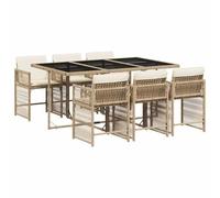 Qnhdfrt Salon de Jardin Encastrable 7 Pièces, Ensemble Repas Extérieur en Résine Tressée Beige avec Table en Verre Trempé et 6 Chaises de Jardin avec Coussins Déhoussables