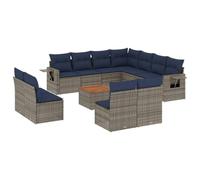 Qnhdfrt Salon de Jardin Modulaire 12 Pcs Resine Tressee Table Acacia Gris | Ensemble exterieur pour terrasse et patio avec tablettes pliables a verin a gaz et coussins bleu marine dehoussables.