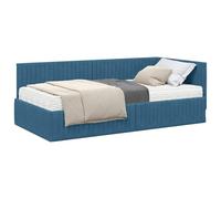 Qnhdfrt Twin Corner Bed Frame with Mattress & Headboard, Blue Velvet | Features wooden slat support and wall-mount design, measuring 90x200 cm, suitable for kids or guest bedrooms.