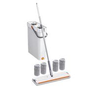 qokeeu Balai serpillère avec seau - Nettoyant ménager pour eau et sec avec 4 chiffons en microfibre - Système avec balai plat et seau - Pour le nettoyage des salles de bains, salons, fenêtres