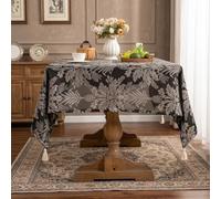 QOXEZY Nappe en jacquard à motif floral noir avec pompons suspendus, tissu pour décoration, tables à manger rectangulaires, tables à thé (140 x 140 cm)