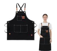 QOXEZY Tablier de chef avec grandes poches, tissu en toile, attaches en laiton, accents en cuir synthétique, pour cuisine, barman