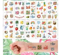 Qpout 92 PCS Tatuajes Temporales de Verano, Pegatinas de Tatuaje Falsas Impermeables Acuarela con Frutas Tropicales, Flamencos, Hibisco para Luau Hawaiano, Fiesta en la Piscina Accesorios