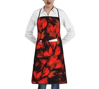 QQLADY Tablier de cuisine imperméable avec poches et motif fleur rouge sur fond noir pour homme et femme, BLANC, taille unique